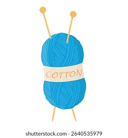 Blue cotton yarn ball, skein with needles for knitting. isolated on white background. Knitting hobby. Vector illustration