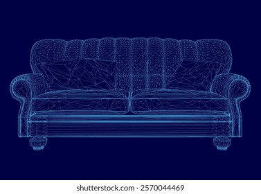 Blue couch with a blue background. The couch is a 3D rendering of a couch