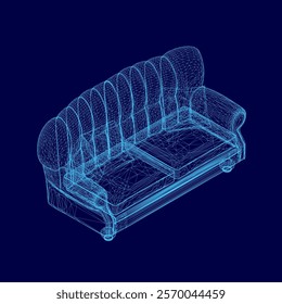 Blue couch with a blue background. The couch is shown in a 3D image. The couch is made of a material that looks like it is made of wood