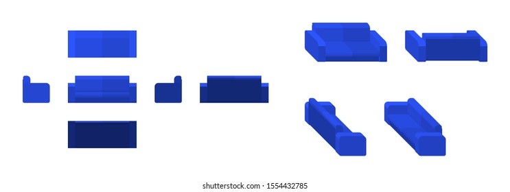 blue couch from different angles isometric