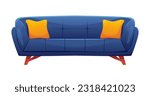Blue Couch Isolated. Buttoned Quilted Upholstery with Pillows. Interior Object. Furniture for Living Room or Reception Room. Cute Vector Illustration in Cartoon Style. 
