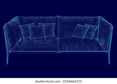 Blue couch with pillows on it. The couch is shown in a stylized way, with the pillows and cushions appearing as dots. Concept of comfort and relaxation