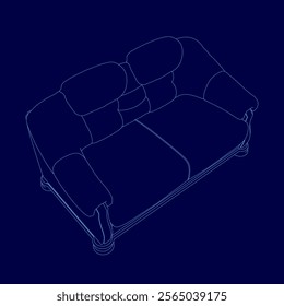 Blue couch with pillows on it. The couch is shown in a blue drawing