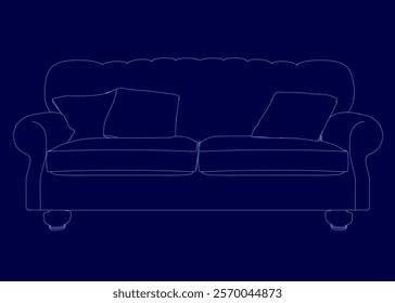 Blue couch with pillows on it. The couch is shown in a blue drawing