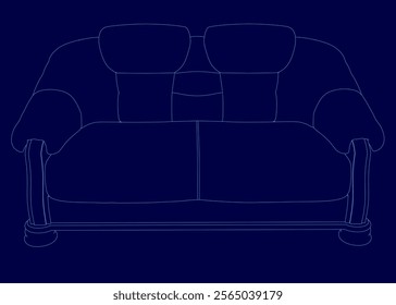 Blue couch with two pillows on it. The couch is shown in a blue drawing