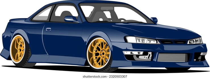 blue coupe drift race performance sports style car front side view wheels vector illustration