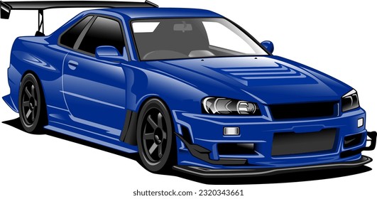 rendimiento de la raza sedán azul estilo de coche japonés ruedas delanteras ilustración vectorial