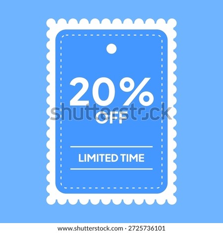 A blue coupon label with 20 percent off and limited time offer text