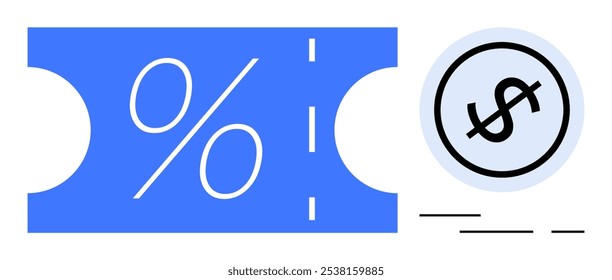 Blue coupon with a percentage symbol and a dollar sign icon in a circle. Ideal for promotions, discounts, savings, retail, and marketing. Simplistic flat design style