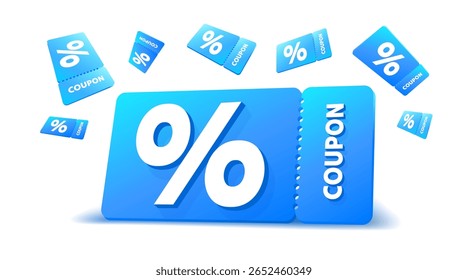 Blue coupons with percentage fly away on white background. Vector illustration