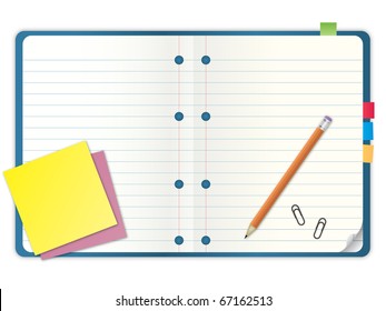 blue cover blank notebook with grid line paper open two pages with pencil and stationary vector illustration