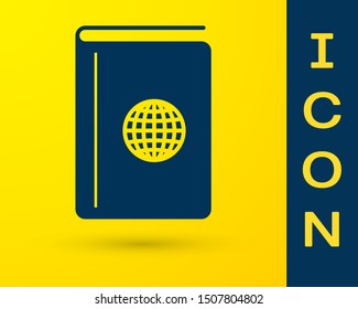 Blue Cover book travel guide icon isolated on yellow background.  Vector Illustration