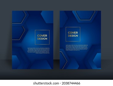 Blue cover design template with luxury golden abstract shapes element. Vector illustration for presentation design with elegant geometric decoration