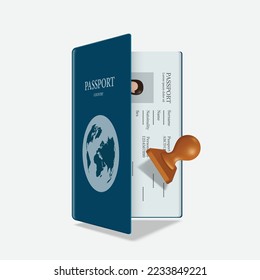 blue cover passport is opening and inside appears the user's profile And there is a wooden stamp to travel between countries floating in the air above,vector 3d virtual isolated for travel concept