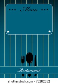 Blue cover for restaurant menu with black fork, spoon and knife