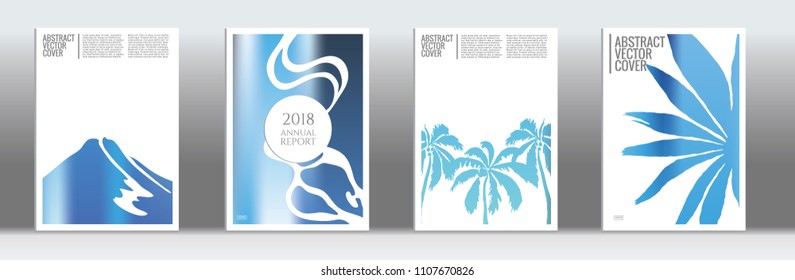 Blue cover set. Exotic flyer on light background.  Fluid poster design.  Brochure template design. Blue and white backdrop. Stylish vector cover design.  Abstract gradient vintage texture.