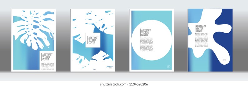 Blue cover set. Exotic flyer on light background.  Fluid poster design.  Brochure foil design. Blue and white backdrop. Stylish vector cover design.  Abstract gradient vintage texture.