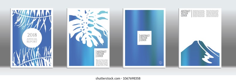 Blue cover set. Tropical flyer on light background.  Liquid design. Brochure foil design. Blue and white backdrop. Stylish vector cover design.  Abstract gradient retro texture.