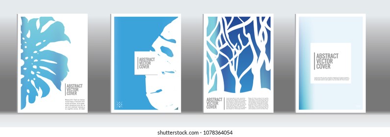 Blue cover set. Tropical flyer on light background.  Fluid poster design.  Brochure template design. Blue and white backdrop. Stylish vector cover design.  Abstract gradient retro texture.