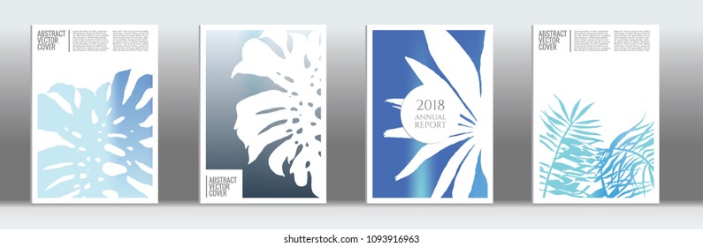 Blue cover set. Tropical flyer on light background.  Liquid design. Brochure foil design. Blue and white backdrop. Stylish vector cover design.  Abstract gradient vintage texture.
