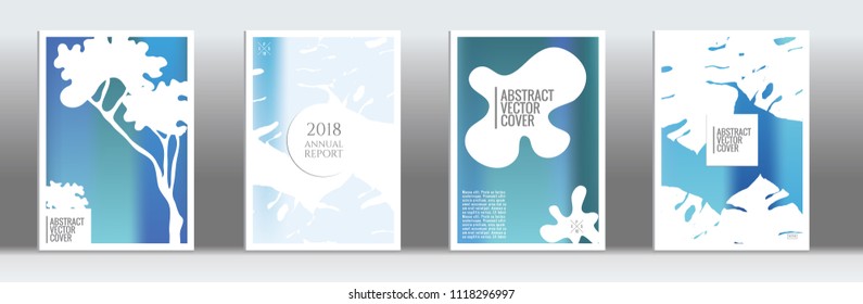 Blue cover set. Tropical flyer on light background.  Fluid poster design.  Brochure template design. Blue and white backdrop. Stylish vector cover design.  Abstract gradient vintage texture.