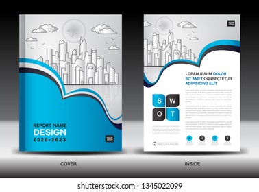 Blue Cover template With city landscape, Annual report cover design, Business brochure flyer template, advertisement, company profile, magazine ads, book, poster, infographics, vector layout, A4 size