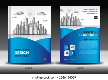 Blue Cover template With city landscape, Annual report cover design, Business brochure flyer template, advertisement, company profile, magazine ads, book, poster, infographics, vector layout, A4 size