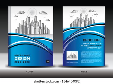 Blue Cover template With city landscape, Annual report cover design, Business brochure flyer template, advertisement, company profile, magazine ads, book, poster, infographics, vector layout, A4 size