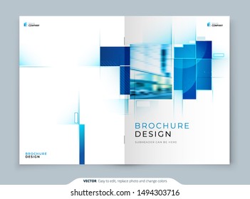 Blue Cover Template Layout Design. Corporate Business Horizontal Brochure, Annual Report, Catalog, Magazine, Flyer Cover Mockup. Creative Modern Bright Cover Concept with Square Shapes