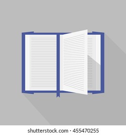 Blue covered opened book with pages fluttering. School read open book literature page isolated document. Vector template with open book design. Education open book library text.