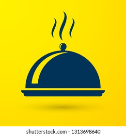 Blue Covered with a tray of food icon isolated on yellow background. Tray and lid sign. Restaurant cloche with lid. kitchenware symbol. Vector Illustration
