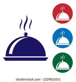 Blue Covered with a tray of food icon isolated on white background. Tray and lid sign. Restaurant cloche with lid. kitchenware symbol. Set color icon in circle buttons. Vector Illustration