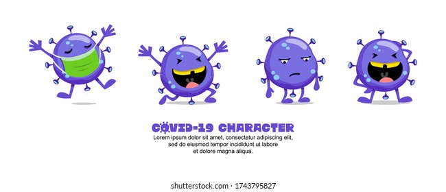 Blue Covid-19. Coronavirus Cartoon Inspiration Design. Mask, Happy, Sad And Laugh