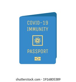 Blue Covid-19 immunity passport cover vector flat template with sign of Coronavirus cell. Passport with mark of immunity and vaccination for safe travel after pandemic of Coronavirus.