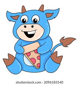 blue cow sitting enjoying slice of pizza, vector illustration art. doodle icon image kawaii.