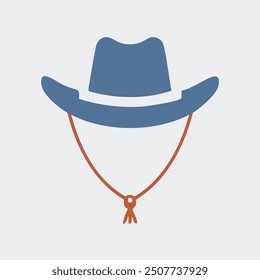 Blue cowboy hat with chin strap. Simple, minimalist illustration of a blue cowboy hat with a brown chin strap. Perfect for western or rustic themed designs.