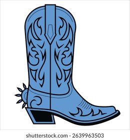 Blue cowgirl boot with spurs, floral details. Western Wild West vector illustration, perfect for Texas, sheriff, and ranch designs.