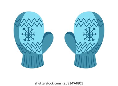 Manoplas de punto azul acogedor con copos de nieve objeto de Vector de color plano. Accesorios calientes para actividades al aire libre ilustración sobre fondo blanco