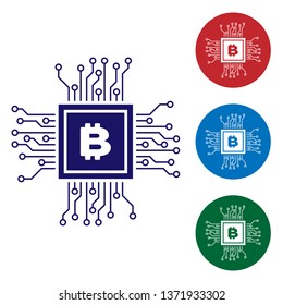 Blue CPU mining farm icon isolated on white background. Bitcoin sign inside processor. Cryptocurrency mining community. Digital money. Set color icon in circle buttons. Vector Illustration