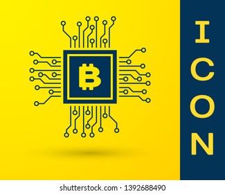 Blue CPU mining farm icon isolated on yellow background. Bitcoin sign inside processor. Cryptocurrency mining community. Digital money. Vector Illustration