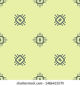 Blue CPU mining farm icon icon isolated seamless pattern on yellow background. Bitcoin sign inside processor. Cryptocurrency mining community. Digital money. Vector Illustration