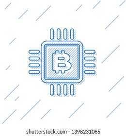 Blue CPU mining farm line icon isolated on white background. Bitcoin sign inside microchip. Cryptocurrency mining community. Digital money. Vector Illustration
