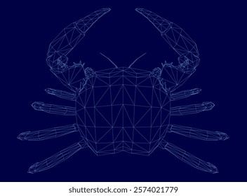 Blue crab with a claw is shown in a blue background. The crab is made up of many small dots, giving it a 3D appearance. Concept of depth and intricacy, as well as a playful