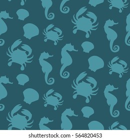 Blue crab, seahorse and shells pattern on the deep blue background.