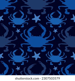 Blue crab seamless pattern. Summer pattern on blue background. Silhouette illustration.