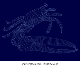 A blue crab is shown in a 3D image. The crab is shown in a very detailed and realistic manner, with its claws and claws visible. Concept of depth and realism, making the crab appear almost lifelike