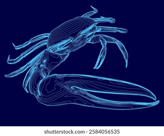 A blue crab is shown in a blue background. The crab is drawn in a stylized way, with its claws and claws visible. The image has a calm and serene mood, with the blue color of the crab