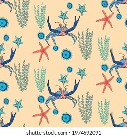 Blue crab, starfish, and algae  in blue and orange on light yellow background. Designed in seamless repeat pattern, ready to be printed on fabric, wall paper or swim clothings.