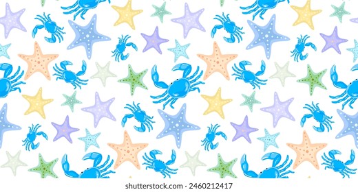 Blue crabs with colorful starfish, undersea, marine life creatures seamless pattern design