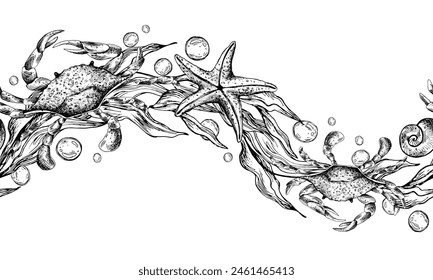 Blue crabs, wave-shaped seaweed with starfish and water bubbles. Graphic illustration hand drawn in black ink. Seamless pattern border EPS vector.